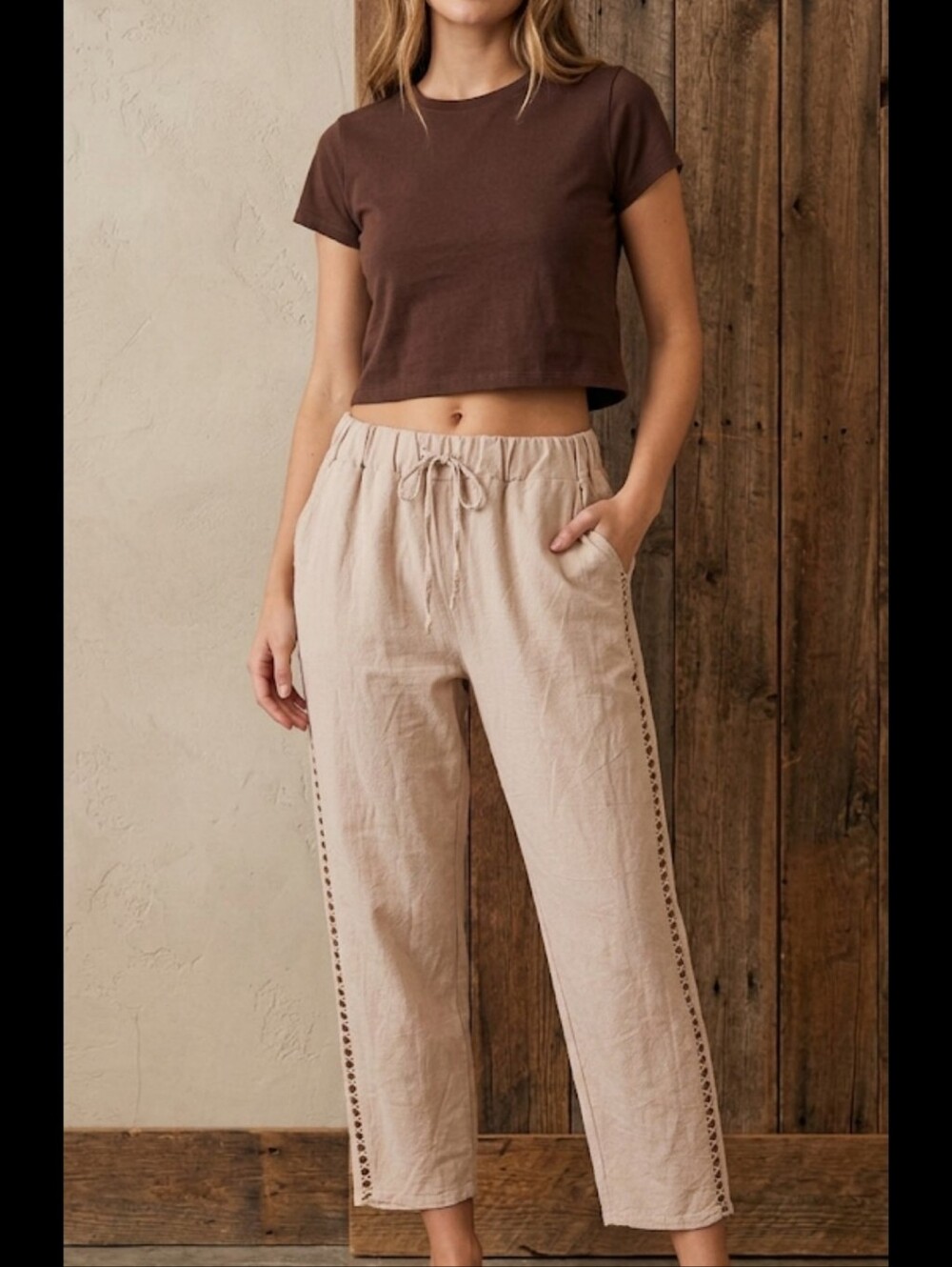 Beige Linen Blend Comfy Pants XL Open Criss Cross Sides Joggers